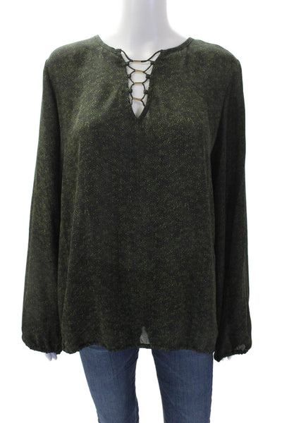 Michael Kors Womens Animal Print V-Neck Long Sleeve Blouse Top Green Size XL