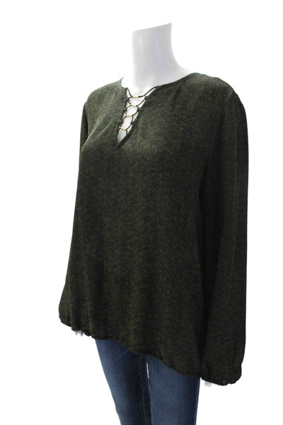 Michael Kors Womens Animal Print V-Neck Long Sleeve Blouse Top Green Size XL