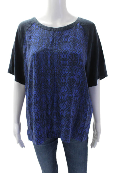 Vince Womens Silk Short Sleeve Split Hem Round Neck Blouse Top Blue Size L