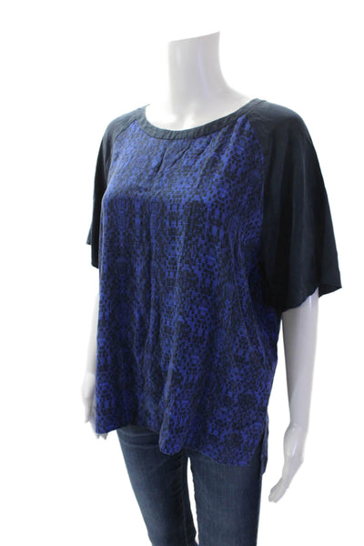 Vince Womens Silk Short Sleeve Split Hem Round Neck Blouse Top Blue Size L