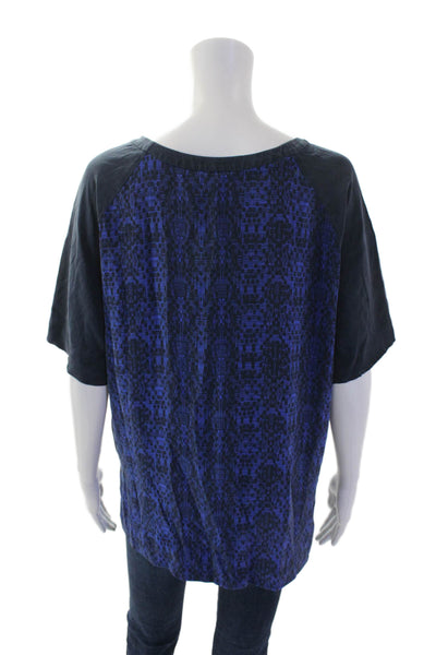 Vince Womens Silk Short Sleeve Split Hem Round Neck Blouse Top Blue Size L