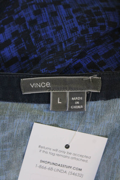 Vince Womens Silk Short Sleeve Split Hem Round Neck Blouse Top Blue Size L
