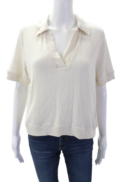 Madewell Womens Cotton Knit Texture Deep V-Neck Short Sleeve Top Beige Size L
