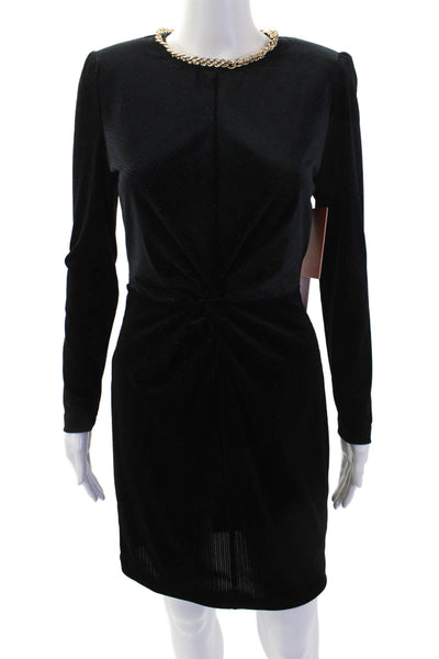 LDT Womens Velvet Chain Link Neckline Long Sleeves Dress Black Gold Size 2
