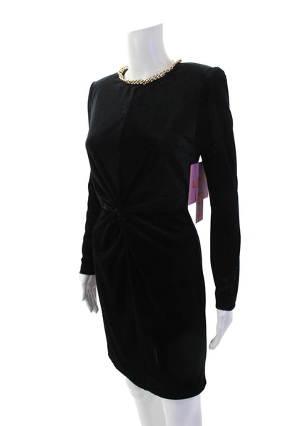 LDT Womens Velvet Chain Link Neckline Long Sleeves Dress Black Gold Size 2