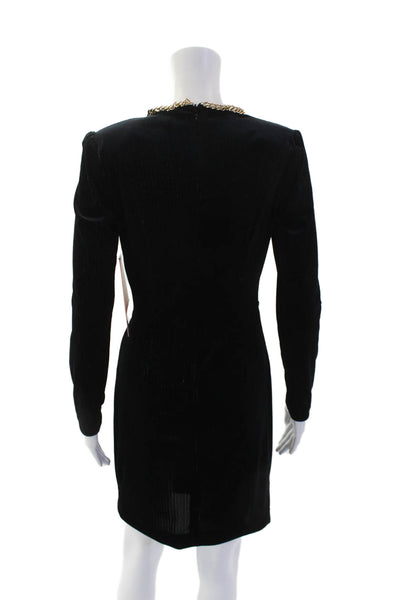LDT Womens Velvet Chain Link Neckline Long Sleeves Dress Black Gold Size 2