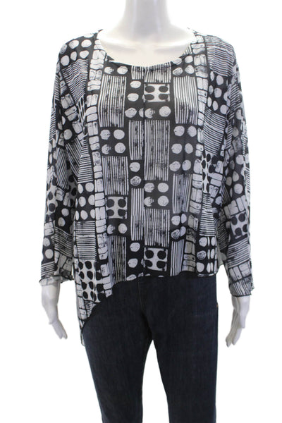Shana Womens Geometric Sheer Asymmetric Hem Long Sleeve Blouse Black Size 2XL