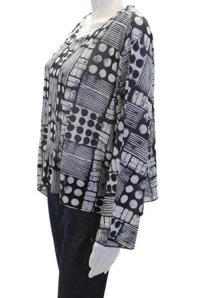 Shana Womens Geometric Sheer Asymmetric Hem Long Sleeve Blouse Black Size 2XL