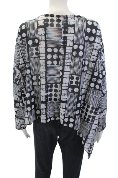 Shana Womens Geometric Sheer Asymmetric Hem Long Sleeve Blouse Black Size 2XL