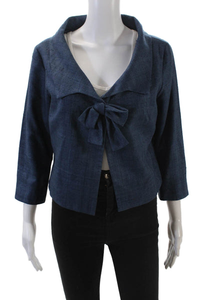 Shannon Mclean Womens Single Button Collared Knit Cropped Jacket Blue Medium