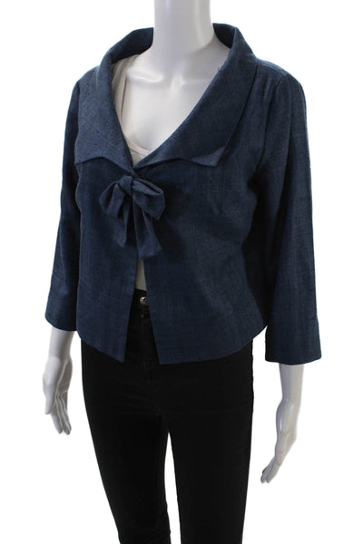Shannon Mclean Womens Single Button Collared Knit Cropped Jacket Blue Medium