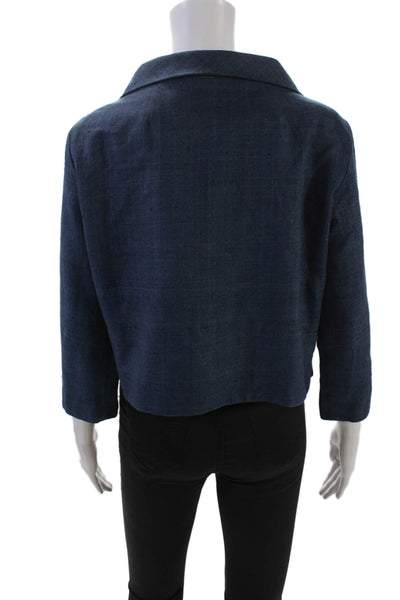 Shannon Mclean Womens Single Button Collared Knit Cropped Jacket Blue Medium