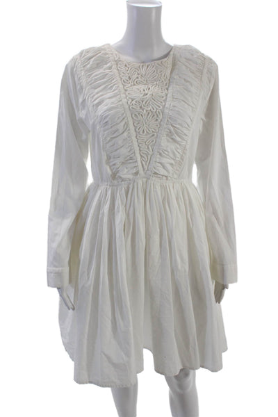 Merlette Womens Long Sleeve Boat Neck Knee Length Dress White Cotton Size Medium