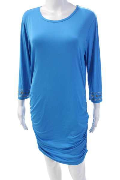 Michael Kors Womens Studded Ruched Long Sleeves Body Con Dress Blue Size Small