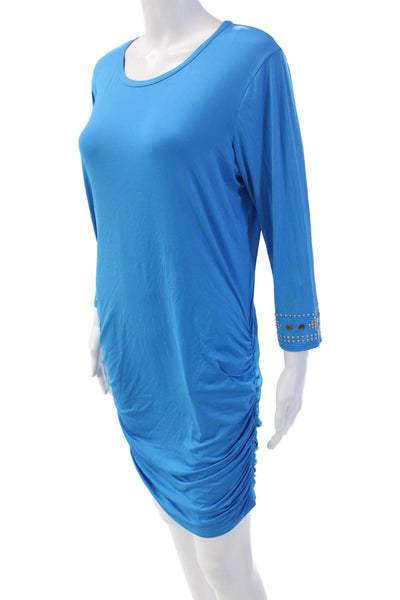 Michael Kors Womens Studded Ruched Long Sleeves Body Con Dress Blue Size Small