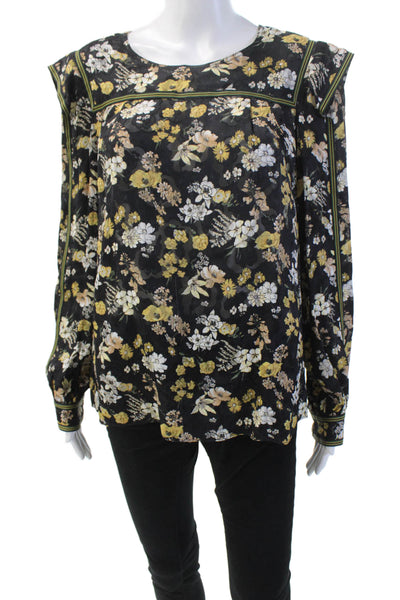 10 Crosby Derek Lam Womens Long Sleeve V-neck Floral Blouse Black Size 6