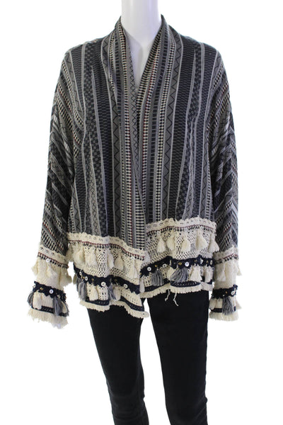 Zara Womens Abstract Print Open Front Embellished Poncho Multicolor Size M