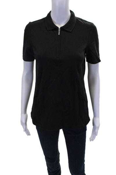 Renuar Womens Cotton Short Sleeve 1/2 Zippered Collared Blouse Black Size M