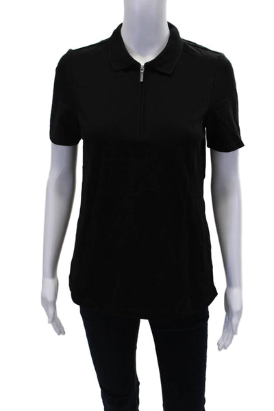 Renuar Womens Cotton Short Sleeve 1/2 Zippered Collared Blouse Black Size L