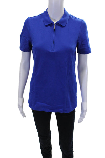 Renuar Womens Cotton Short Sleeve 1/2 Zippered Collared Blouse Blue Size M