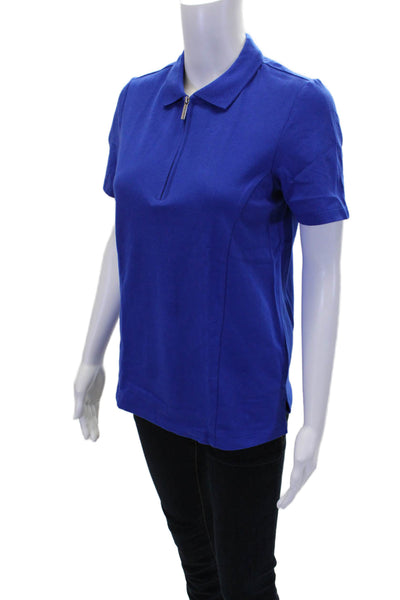 Renuar Womens Cotton Short Sleeve 1/2 Zippered Collared Blouse Blue Size M
