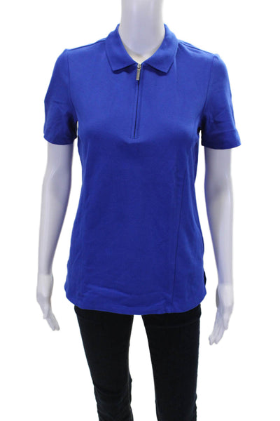 Renuar Womens Cotton Short Sleeve 1/2 Zippered Collared Blouse Blue Size S