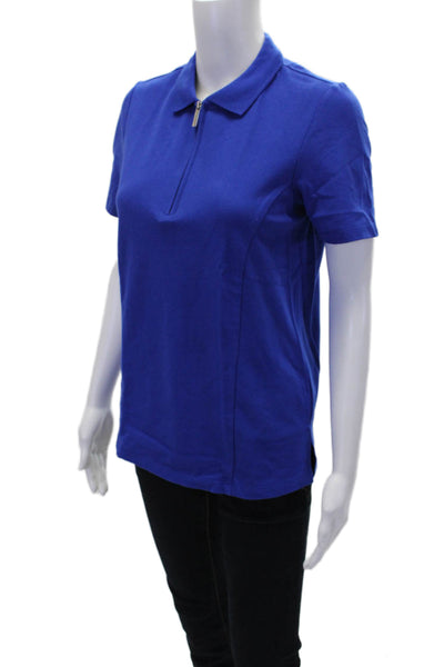 Renuar Womens Cotton Short Sleeve 1/2 Zippered Collared Blouse Blue Size S