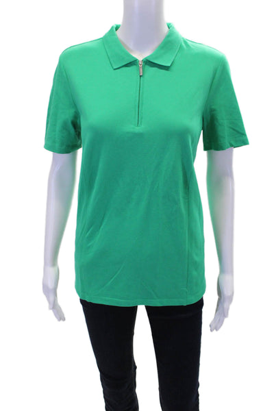 Renuar Womens Cotton Short Sleeve 1/2 Zippered Collared Blouse Green Size L