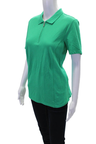 Renuar Womens Cotton Short Sleeve 1/2 Zippered Collared Blouse Green Size L
