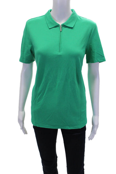 Renuar Womens Cotton Short Sleeve 1/2 Zippered Collared Blouse Green Size M