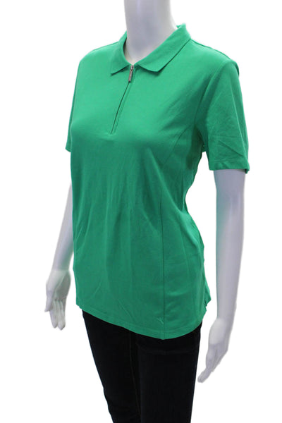 Renuar Womens Cotton Short Sleeve 1/2 Zippered Collared Blouse Green Size M