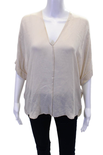 Vince Womens Silk Short Sleeve V Neck Relaxed Fit Blouse Beige Size XS