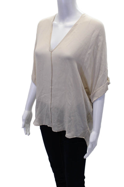 Vince Womens Silk Short Sleeve V Neck Relaxed Fit Blouse Beige Size XS
