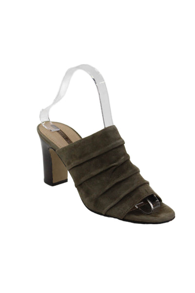 Tahari Womens Ariana Suede Peep Toe Block Pleated Mules Olive Green Size 7