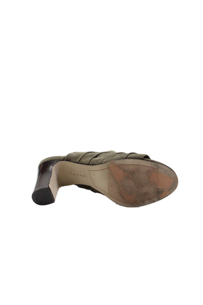 Tahari Womens Ariana Suede Peep Toe Block Pleated Mules Olive Green Size 7