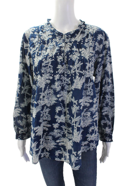 Lola Australia Womens Textured V-neck Long Sleeve Floral Blouse Blue Size M