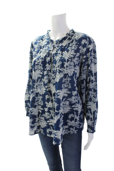 Lola Australia Womens Textured V-neck Long Sleeve Floral Blouse Blue Size M