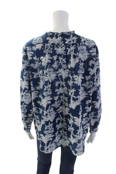 Lola Australia Womens Textured V-neck Long Sleeve Floral Blouse Blue Size M