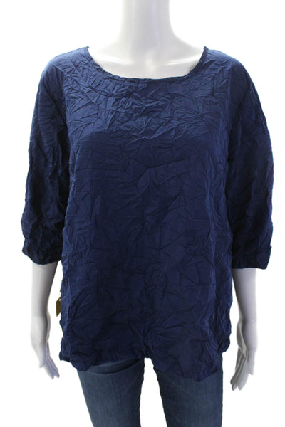 Shana Womens Textured Round Neck 3/4 Sleeve Pullover Blouse Top Blue Size L