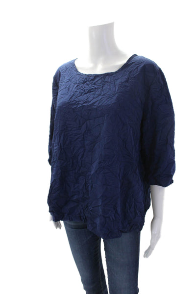 Shana Womens Textured Round Neck 3/4 Sleeve Pullover Blouse Top Blue Size L