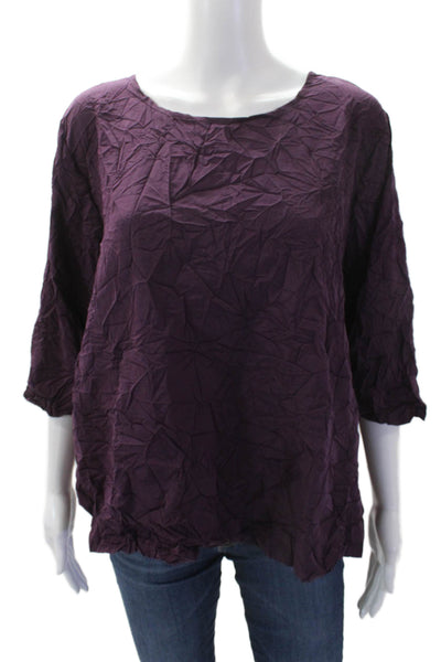 Shana Womens Textured Round Neck 3/4 Sleeve Pullover Blouse Top Purple Size S