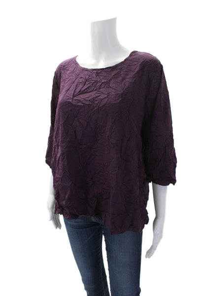 Shana Womens Textured Round Neck 3/4 Sleeve Pullover Blouse Top Purple Size S