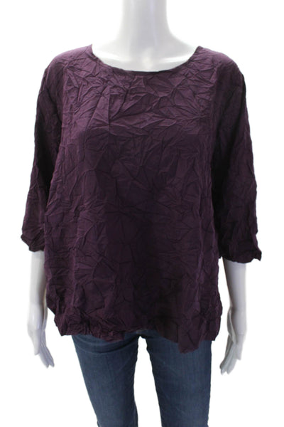 Shana Womens Textured Round Neck 3/4 Sleeve Pullover Blouse Top Purple Size L