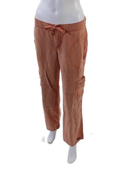 Athleta Womens Linen Drawstring Button Zip Straight Pants Orange Size 08