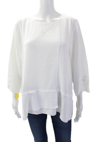 Shana Womens Layered Round Neck 3/4 Sleeve Pullover Blouse Top White Size M
