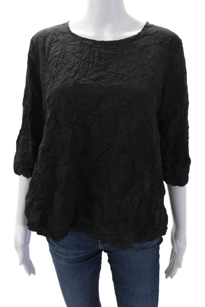 Shana Womens Textured Round Neck 3/4 Sleeve Pullover Blouse Top Black Size S