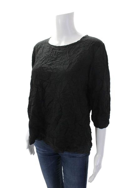 Shana Womens Textured Round Neck 3/4 Sleeve Pullover Blouse Top Black Size S