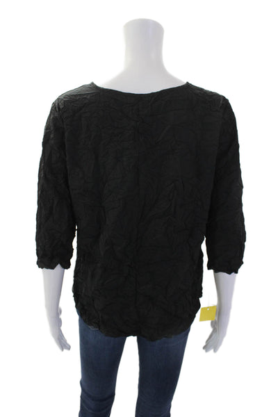 Shana Womens Textured Round Neck 3/4 Sleeve Pullover Blouse Top Black Size S