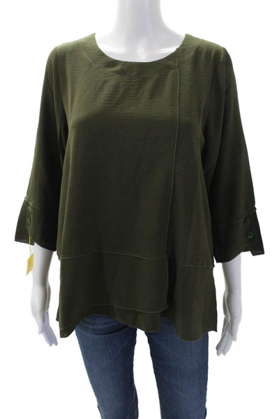 Shana Womens Layered Round Neck 3/4 Sleeve Pullover Blouse Top Olive Size XL