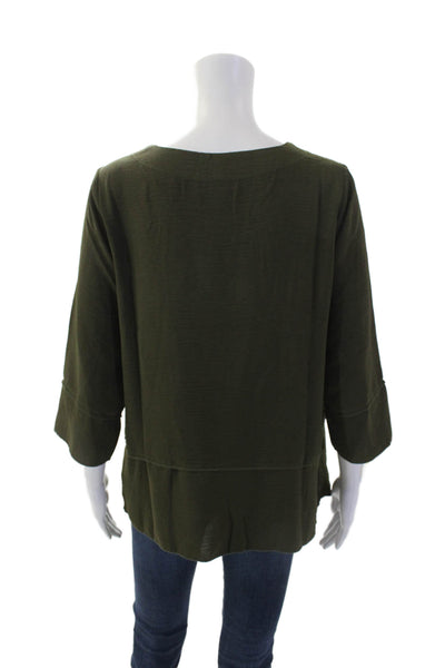 Shana Womens Layered Round Neck 3/4 Sleeve Pullover Blouse Top Olive Size XL